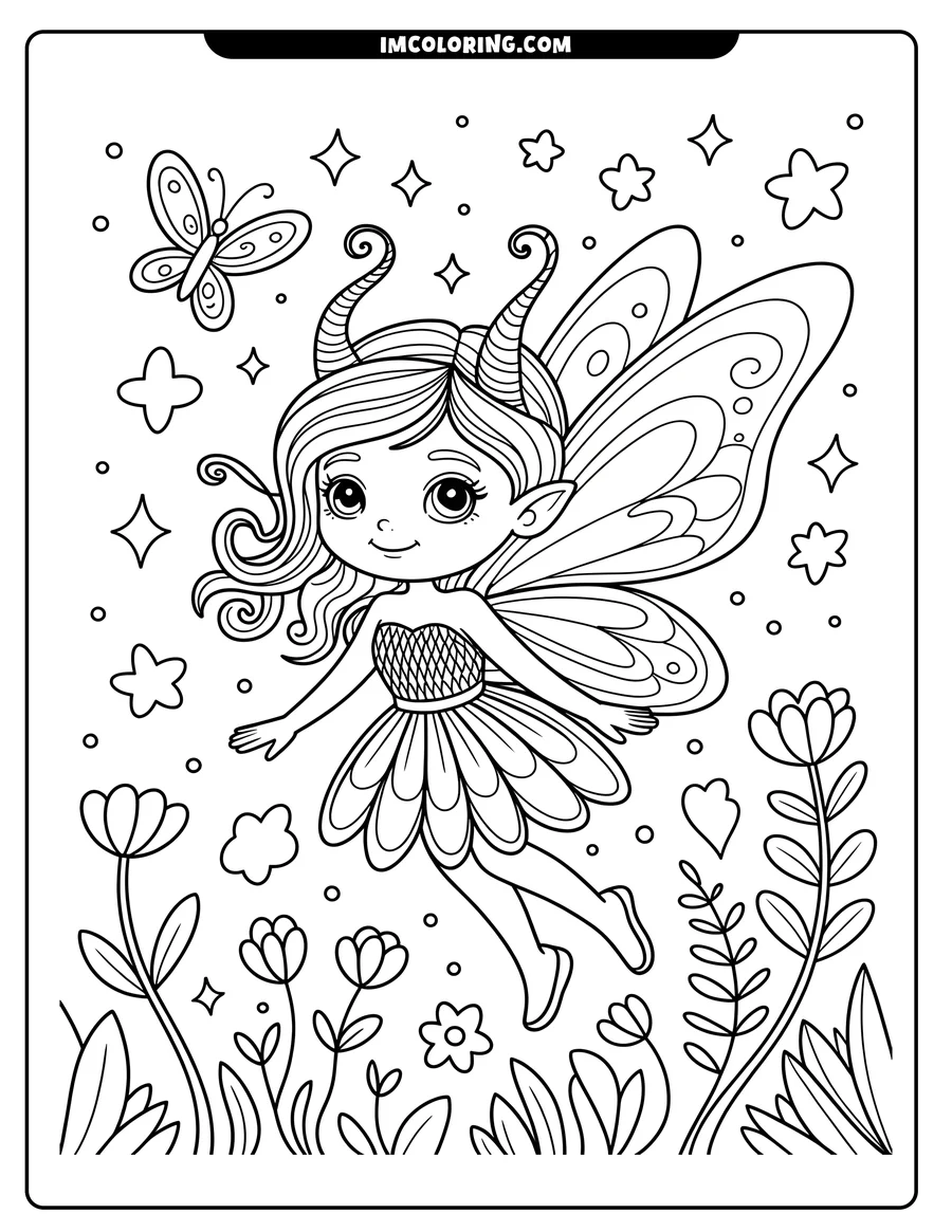 Outline of a fairy with large, patterned wings and curly hair, flying above flowers with a butterfly nearby.