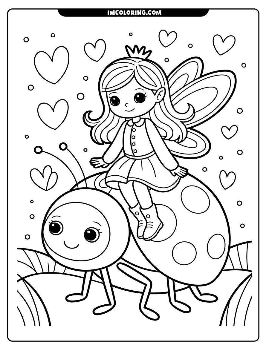 Outline of a fairy with butterfly wings and crown, riding on a large, smiling ladybug with hearts floating around them.