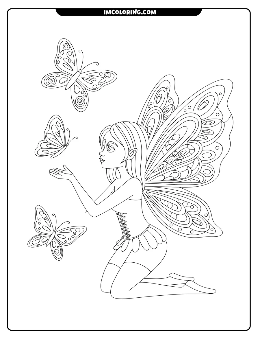 Outline of a fairy kneeling with hands outstretched to three butterflies. She has large, patterned wings and wears a bodice and skirt.
