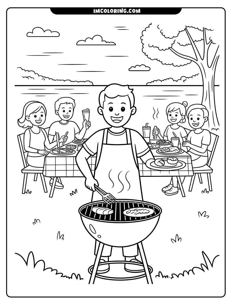 Line art of a family having a picnic, with one person grilling food on a barbecue. They are seated around a picnic table enjoying food and drinks, ready for a summer cookout.