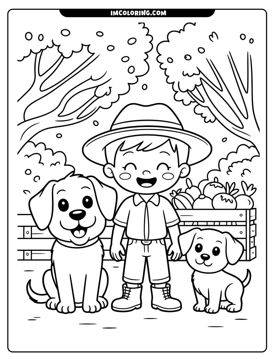 Outline of a young farmer boy with two dogs near a crate of vegetables in a garden setting