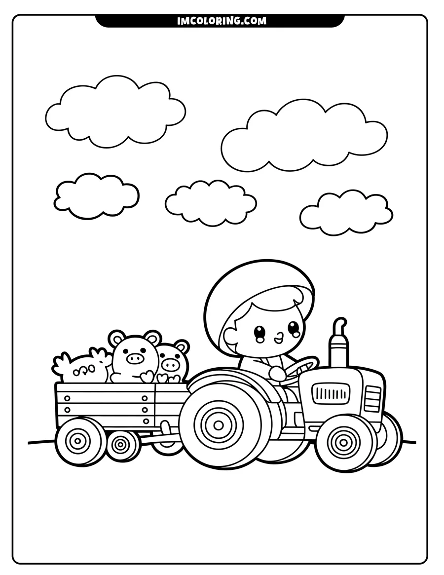 Outline of a farmer driving a tractor with two pigs in the trailer, under a cloudy sky.