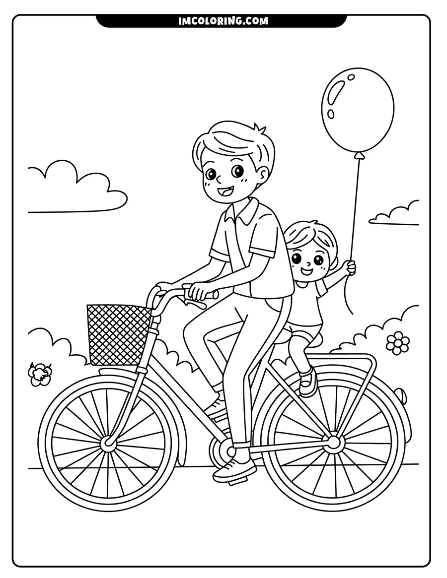 Outline of a father and child riding a bicycle. The child holds a balloon, and the bike has a basket attached to the handlebars.