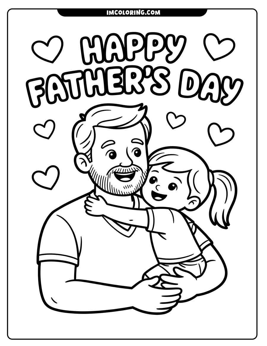 Line art of a father and daughter hugging, surrounded by hearts. A sweet illustration for Father's Day.