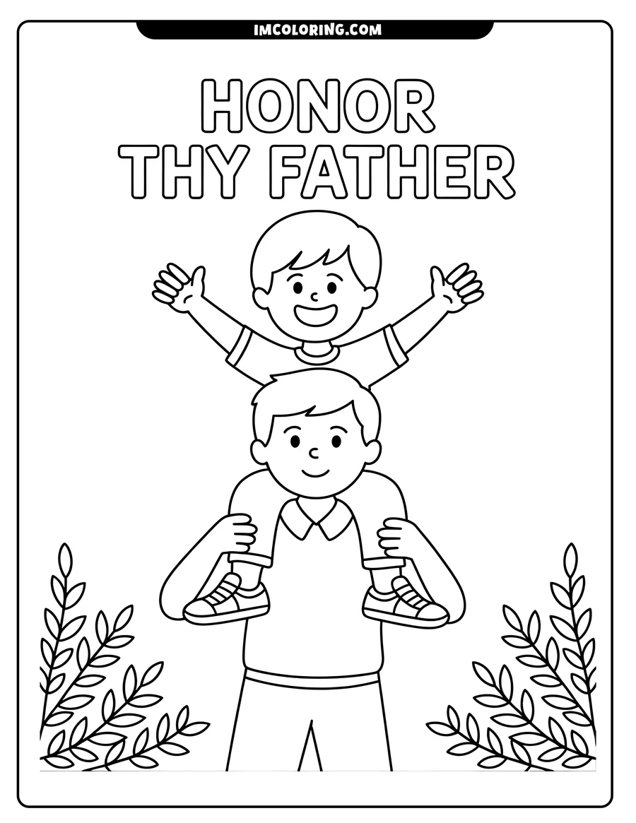 Line art of a father carrying his son on his shoulders. The son has his arms outstretched, as if in flight, with a joyful expression. The father supports him and smiles up at him. Simple leaves decorate the sides of the scene.