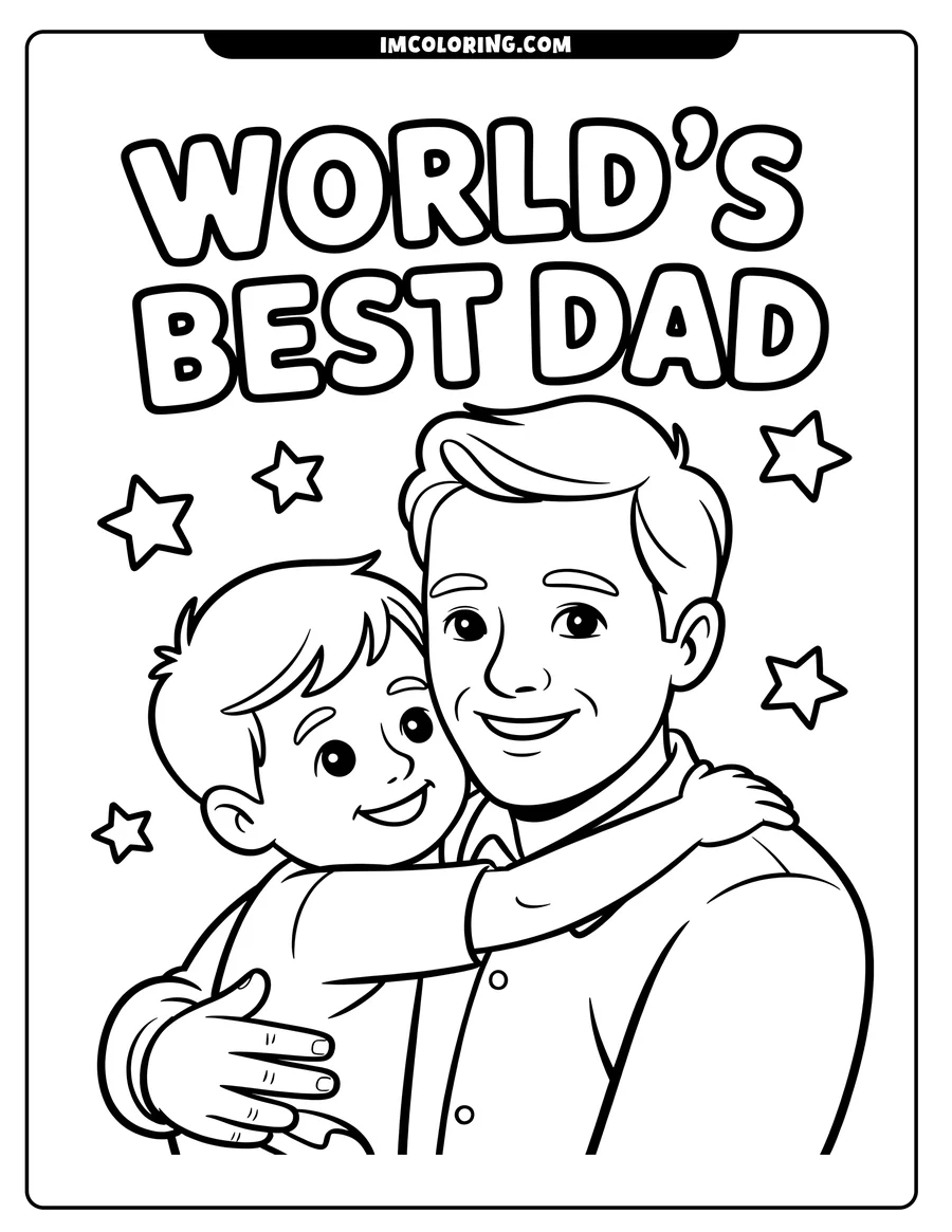 Outline of a father and son embracing in a hug, surrounded by stars.