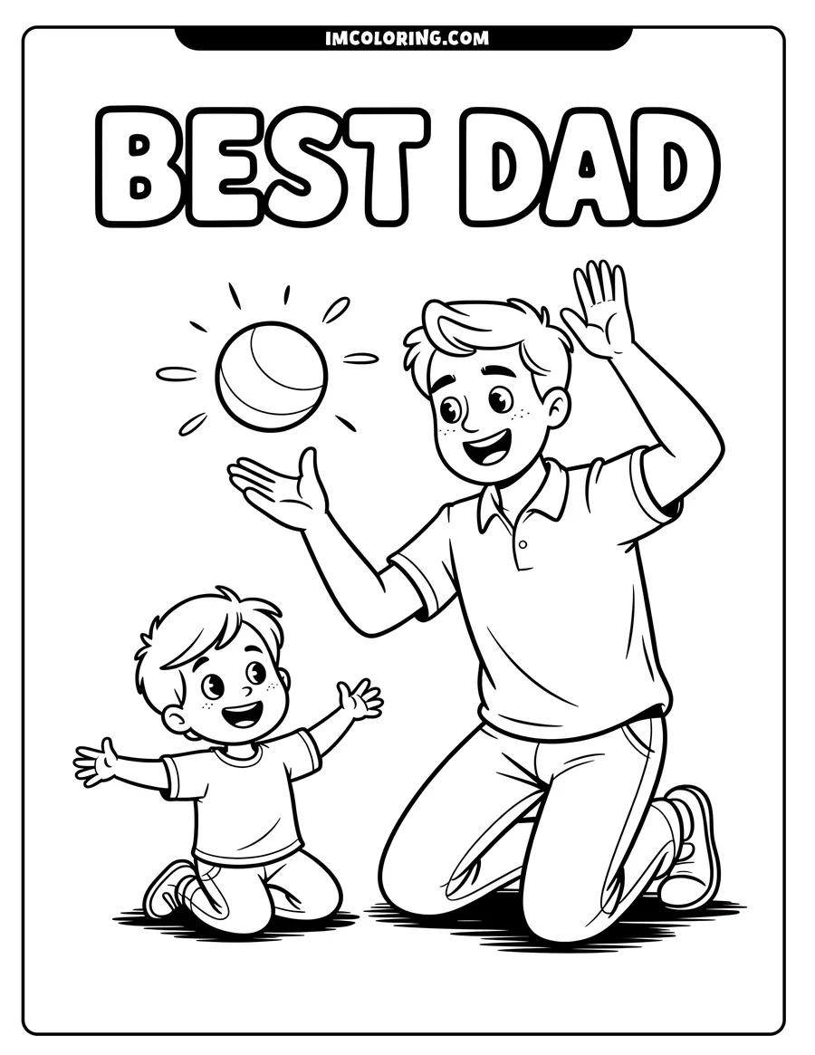 Line art of a father and son playing with a ball. The father kneels and tosses the ball to his son, who looks excited with hands raised.
