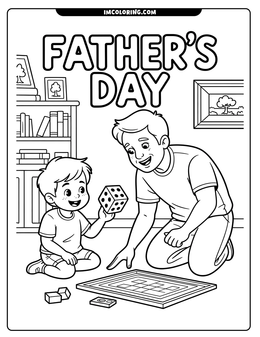 Line art of a father and son playing a board game. The son holds a die, while the father points at the board game.
