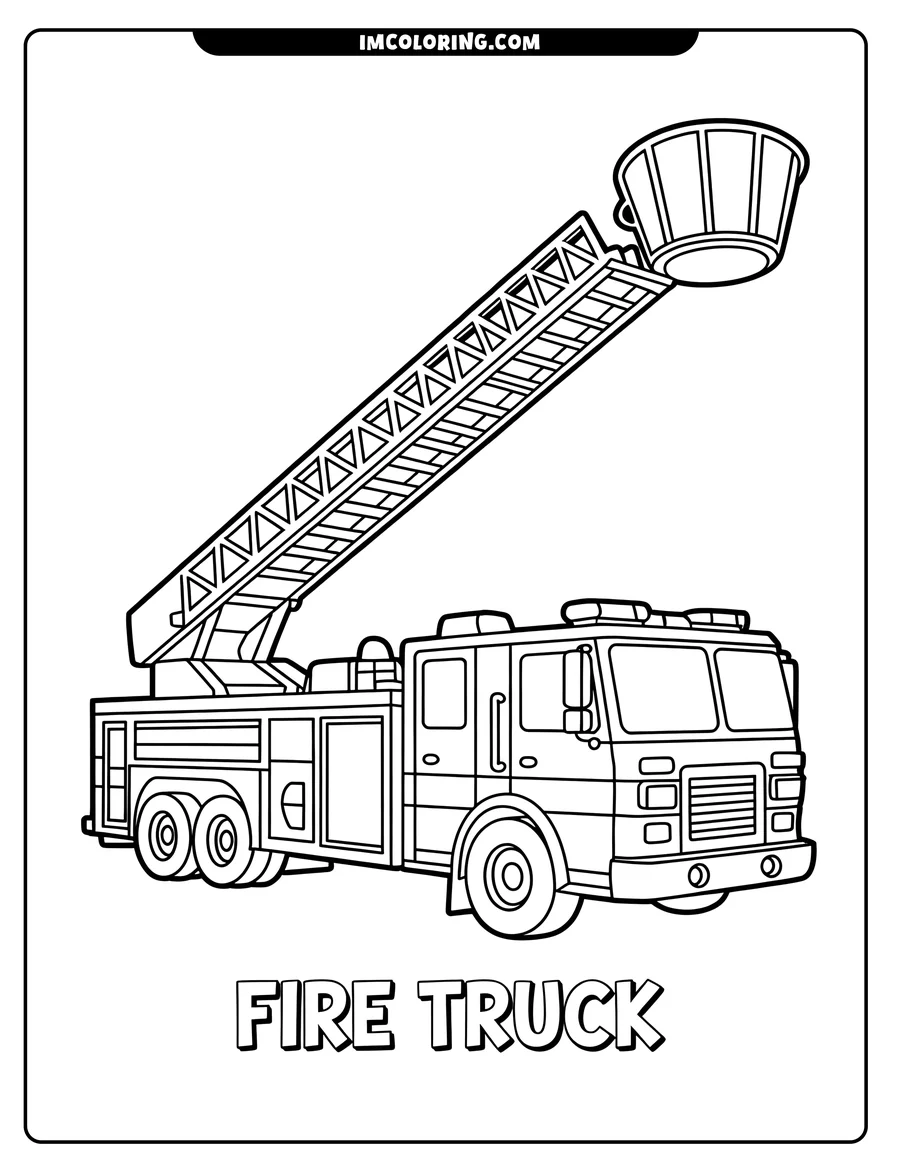 Line art of a firetruck with its ladder extended, ready for coloring.