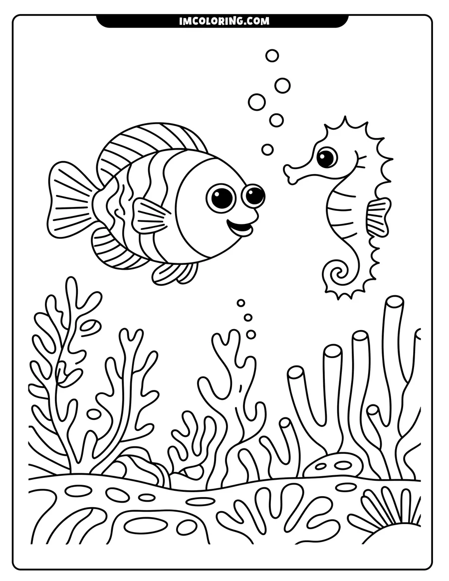 Line drawing of a fish and a seahorse, surrounded by coral and seaweed on the ocean floor.