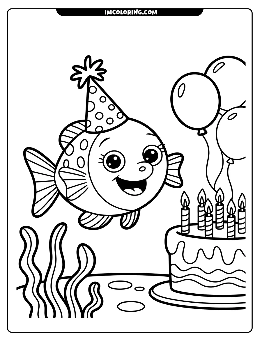 Line art of a fish wearing a party hat swimming near a birthday cake with lit candles and balloons, seaweed below