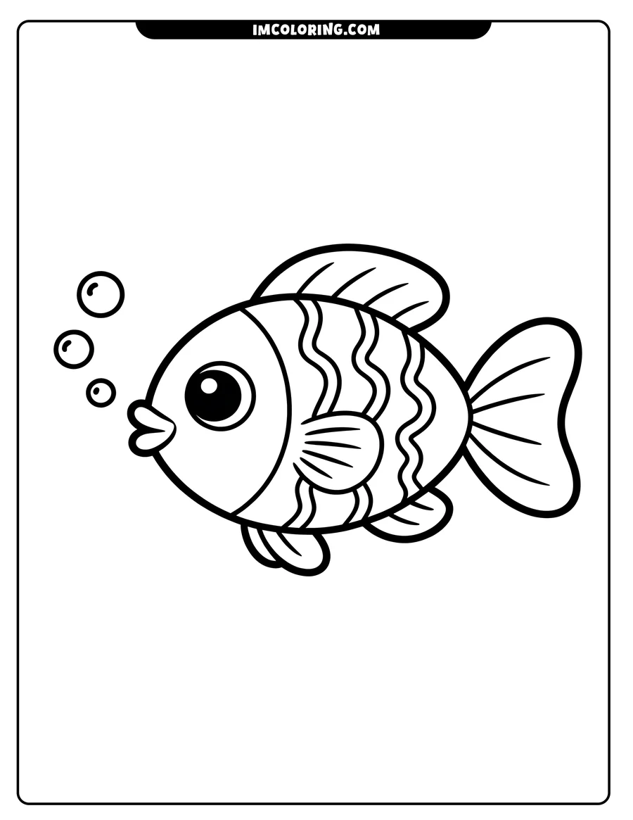 Line art of a fish blowing three bubbles.