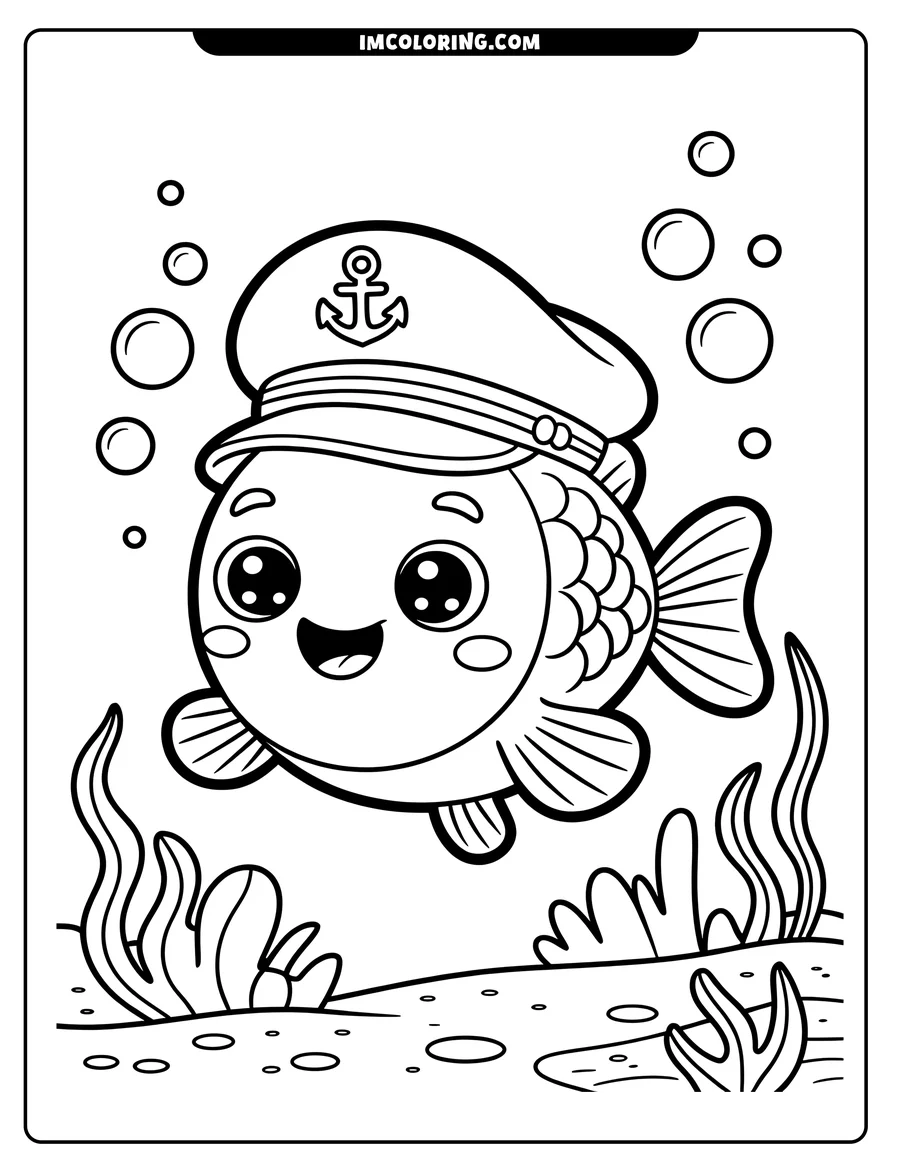 Line art of a fish wearing a captain's hat swimming underwater, surrounded by bubbles and seaweed.