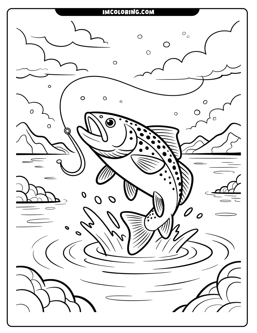 Line art of a spotted fish jumping out of the water to catch a hook on a fishing line. Ripples and rocks surround the fish.