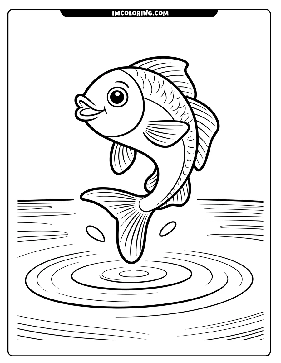 Line art of a cartoon fish jumping from water, creating ripples. It has detailed fins and tail, a large round eye, and open mouth.