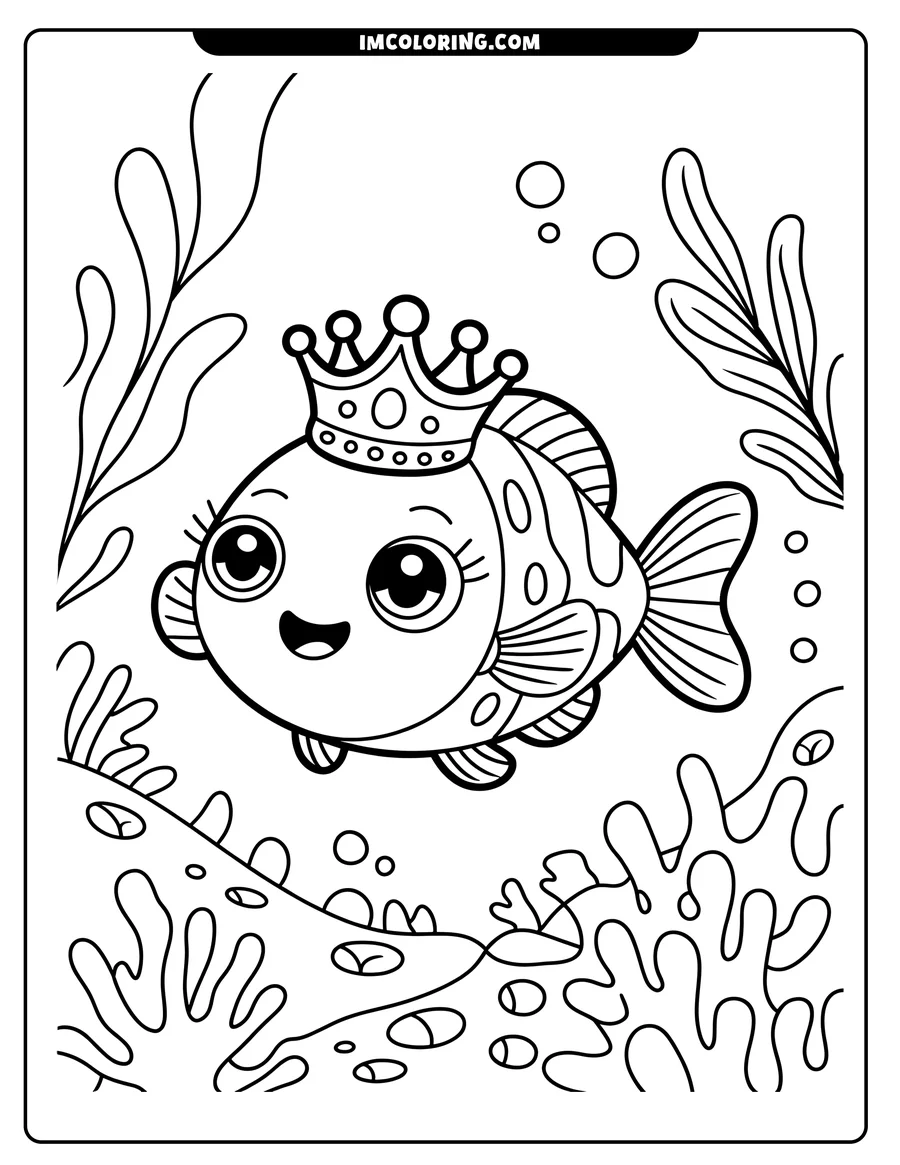 Line art of a cute fish wearing a crown, swimming amongst seaweed and bubbles.