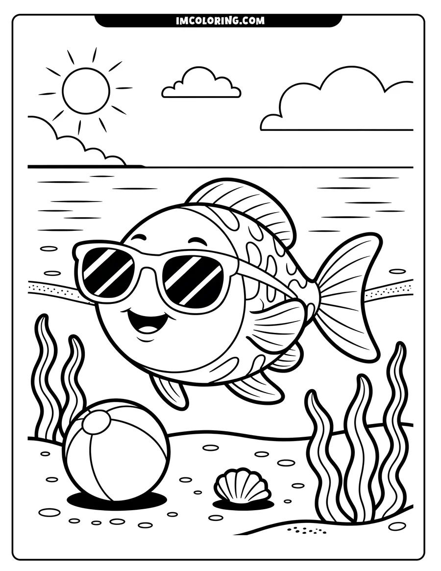 Line drawing of a fish with sunglasses swimming underwater, near a beach ball and a seashell.