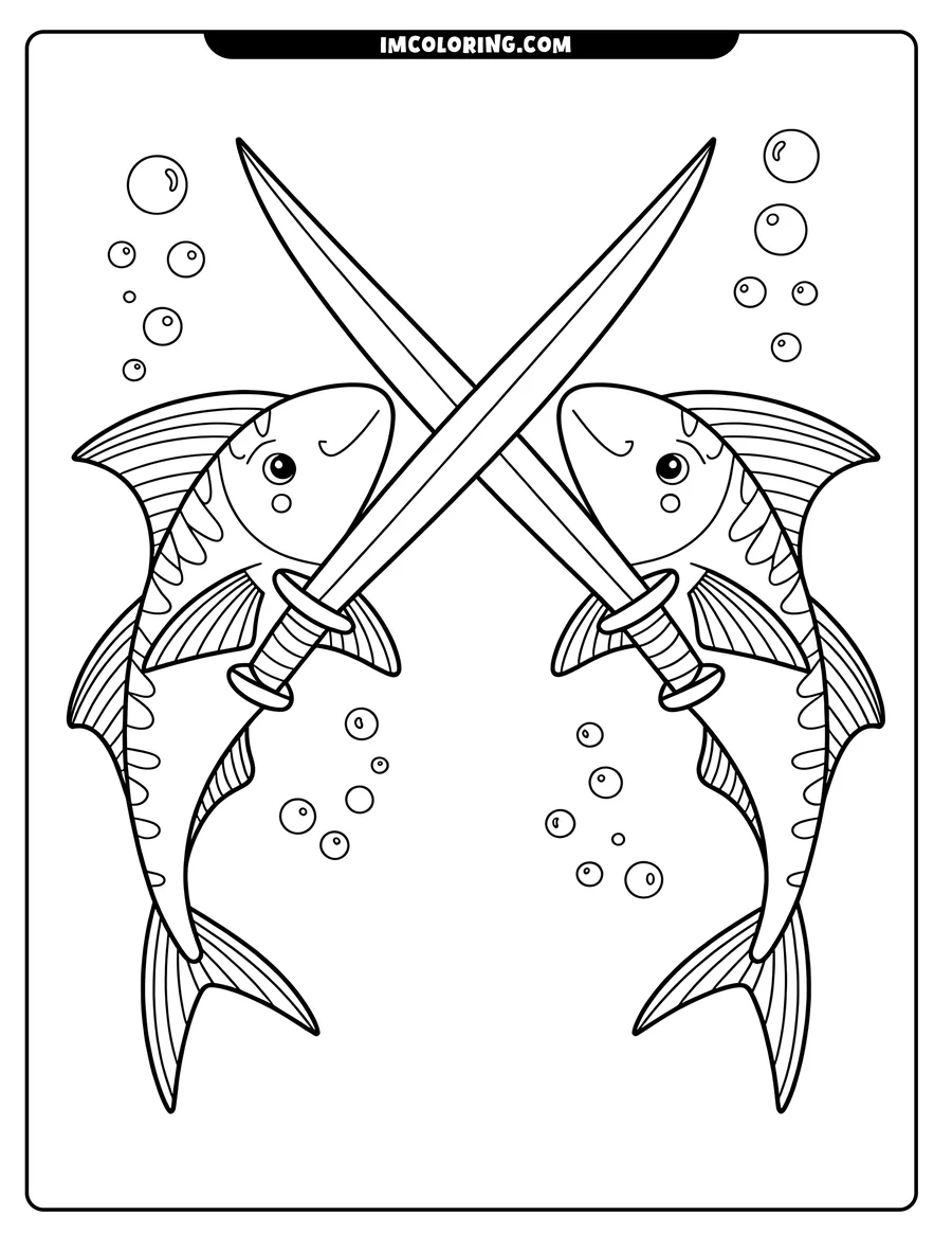 Two fish holding crossed swords, surrounded by bubbles.