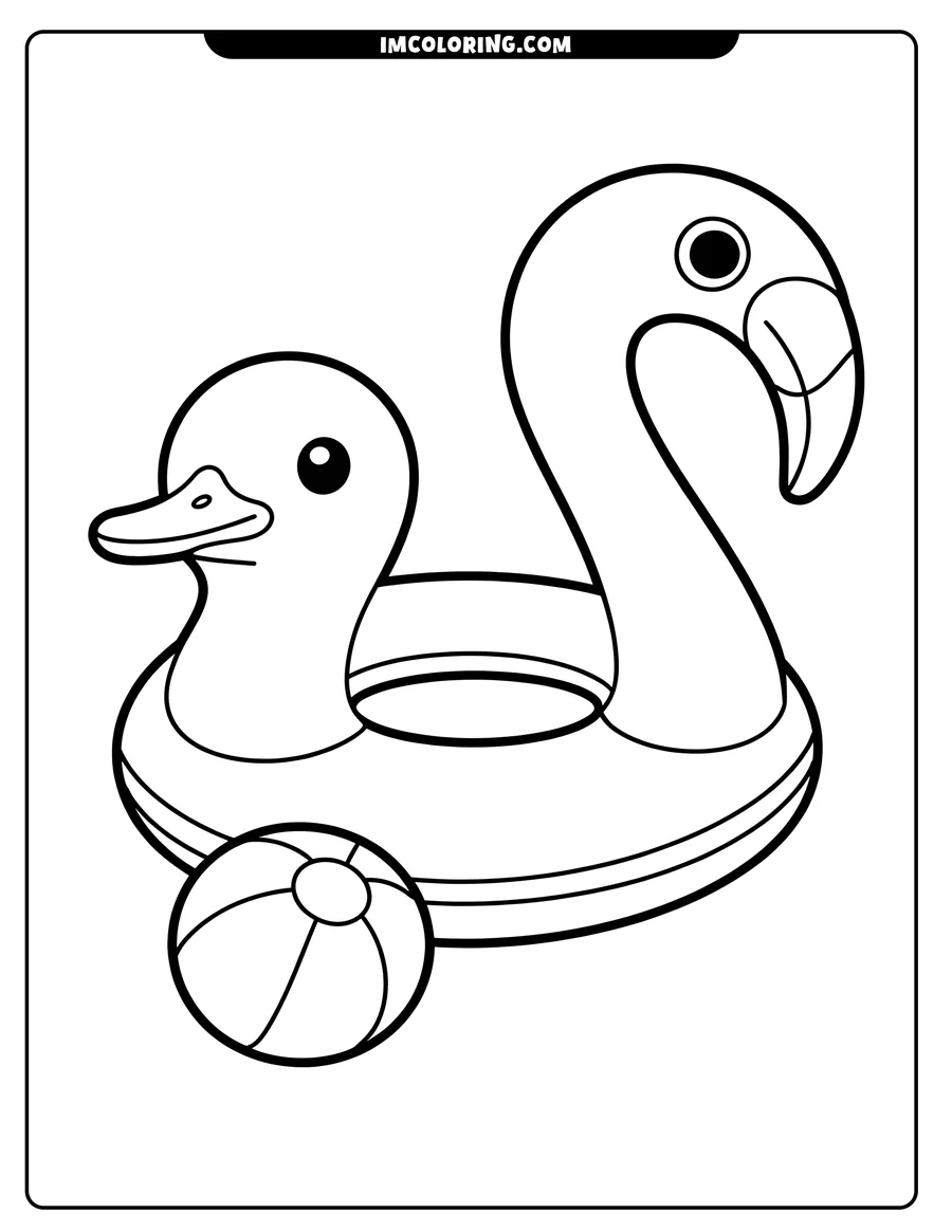Line art of a flamingo and duck-shaped pool float with a beach ball. Perfect for a summer coloring activity.
