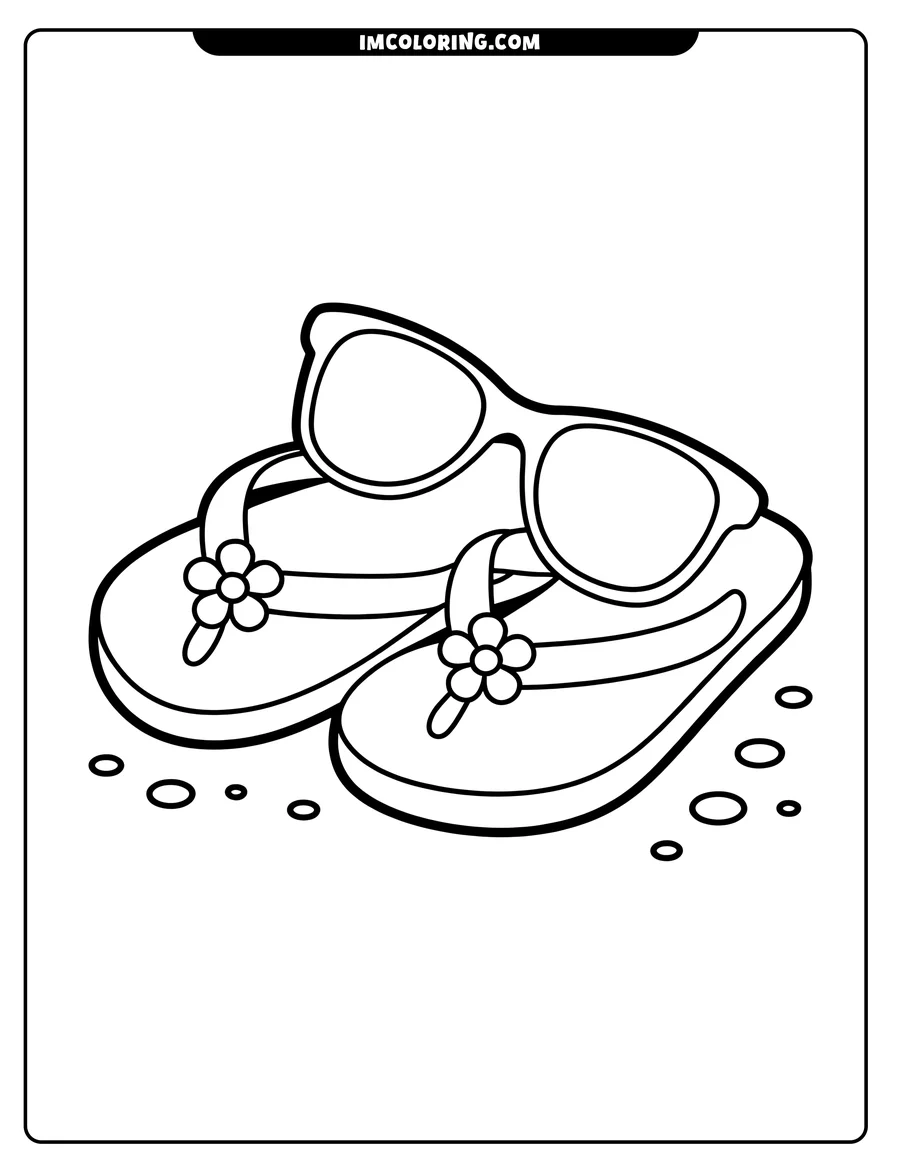 Line art of a pair of flip-flops with flower decorations and sunglasses on a sandy beach.