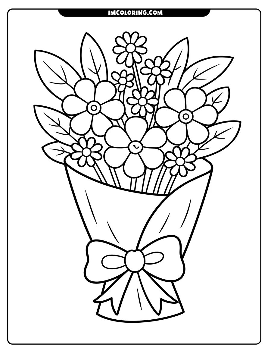 Line art of a bouquet of various simple flowers wrapped in paper and tied with a bow.