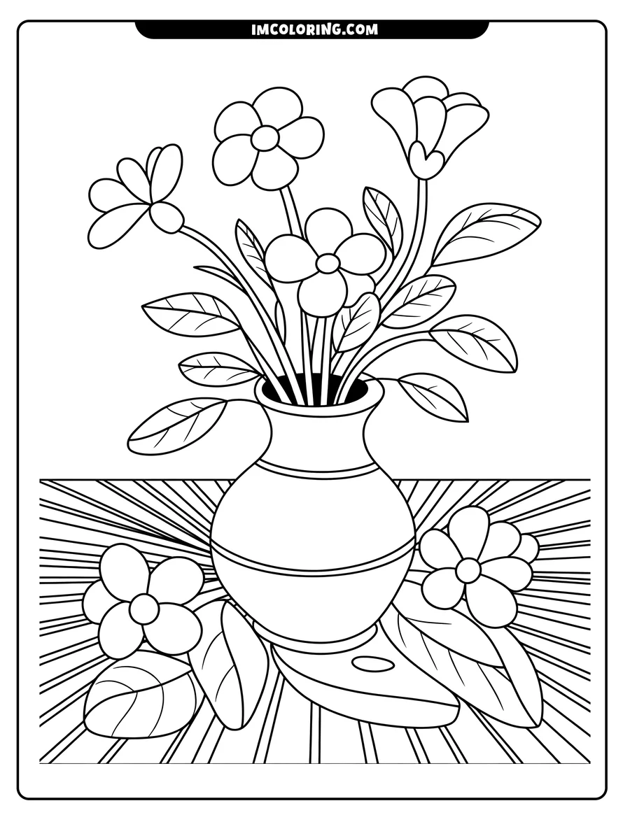 Line art of a bouquet of flowers in a vase, with two fallen flowers and leaves on the striped surface below.