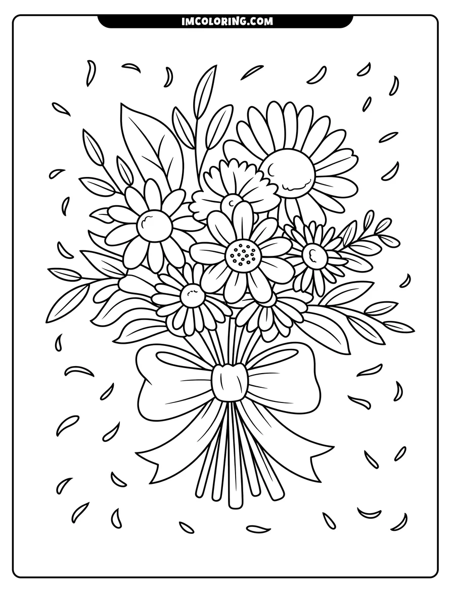Line art of a flower bouquet tied with a ribbon. Various flower shapes and sizes are depicted, surrounded by leaves, and loose petals float around the bouquet.