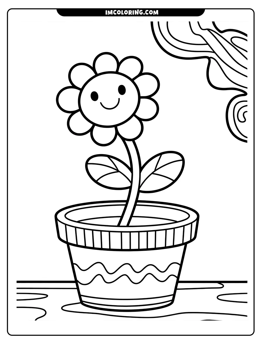 Outline of a smiling flower in a patterned pot, with decorative swirls in the background.