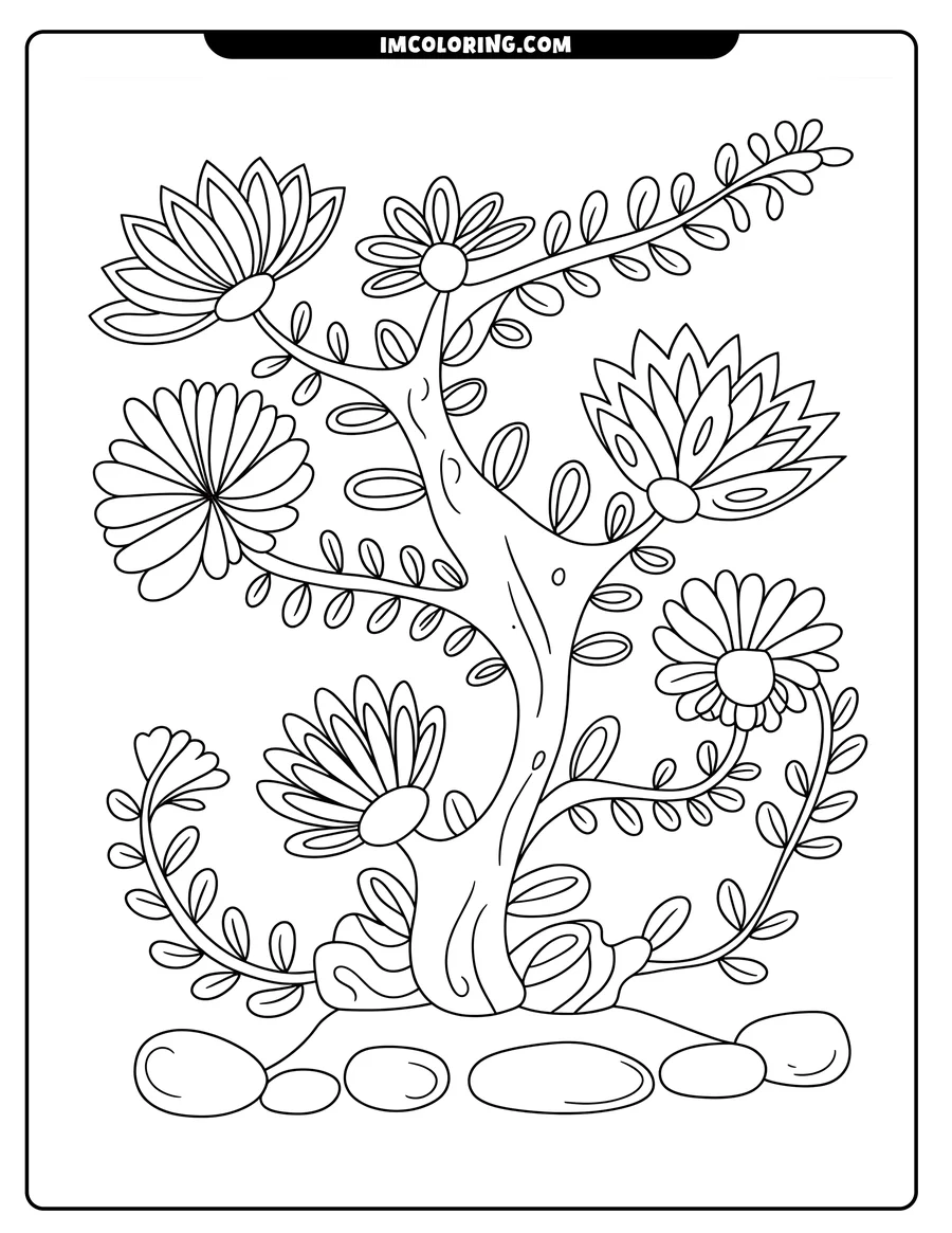 Line drawing of a stylized flower tree growing among rounded rocks. The tree has large, prominent flowers and simple oval leaves.