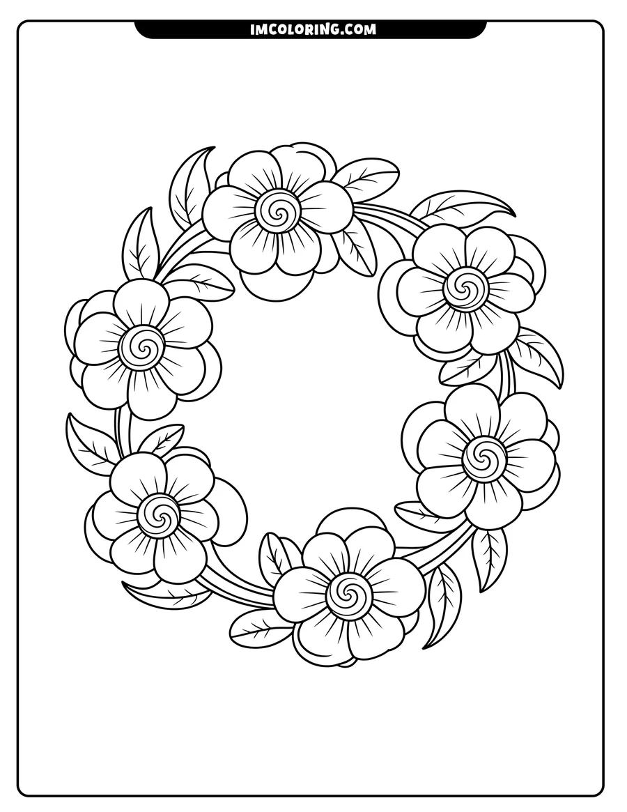 Outline of a symmetrical flower wreath with simple blossoms and leaves.