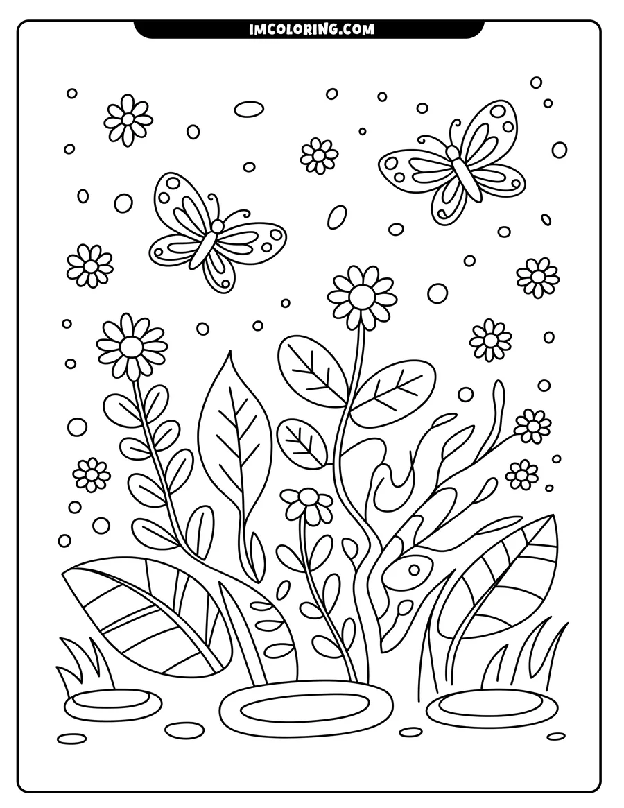 Line art of flowers and leaves with two butterflies flying above. Blades of grass and small circles surround the flowers.
