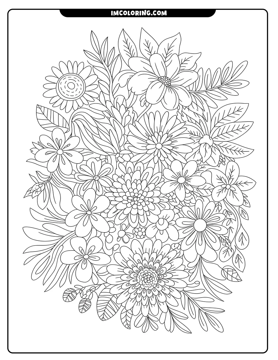 Line art of a bouquet with various flowers and leaves, ready to be colored.