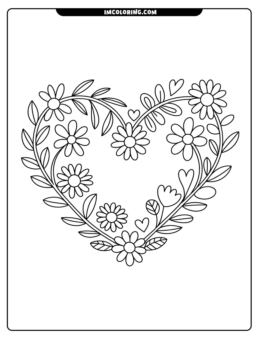 Outline of flowers and leaves arranged in the shape of a heart, decorated with small hearts