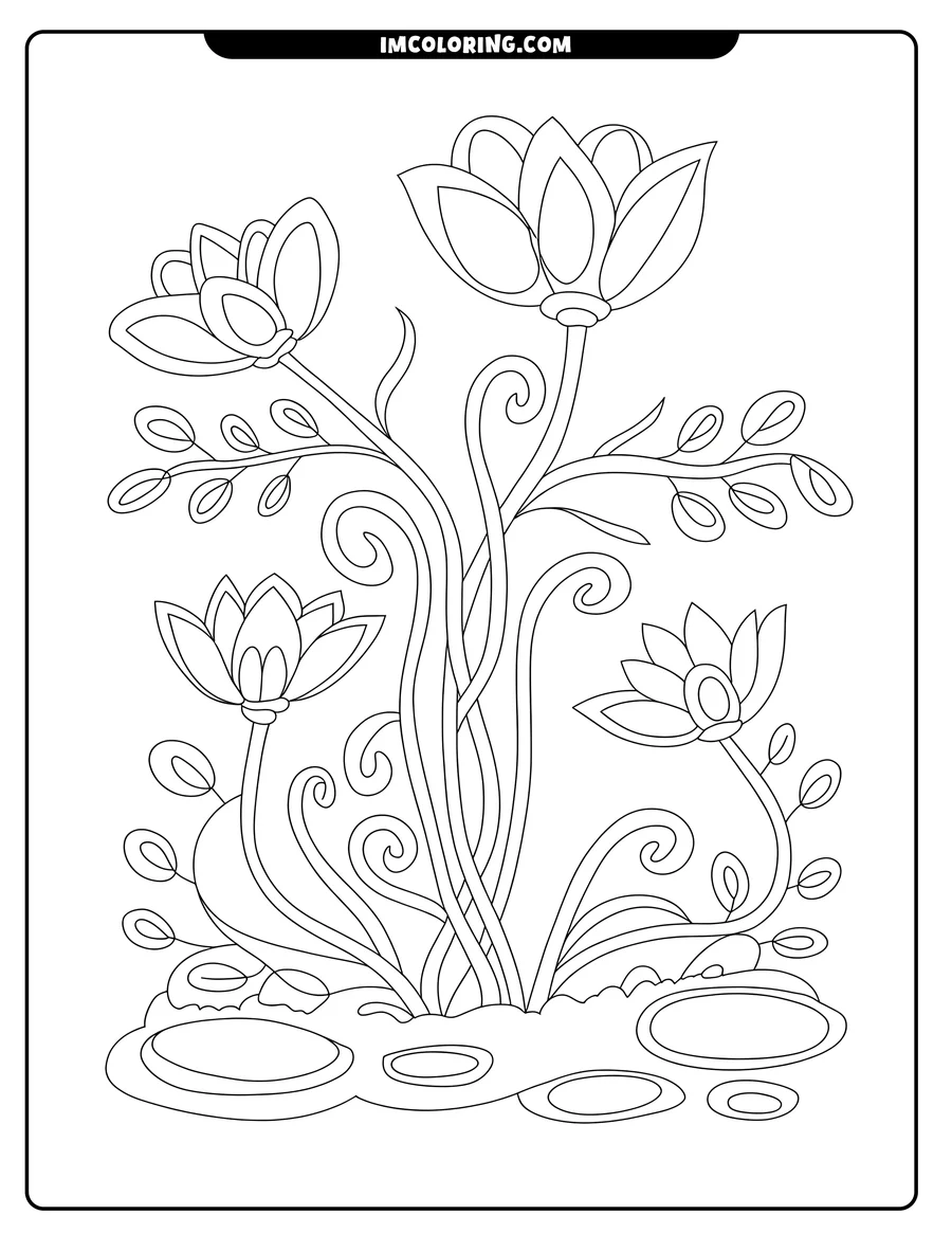 Line art of four stylized flowers growing from a patch of lily pads. The stems are decorated with swirling lines, and small oval leaves grow from the stems.