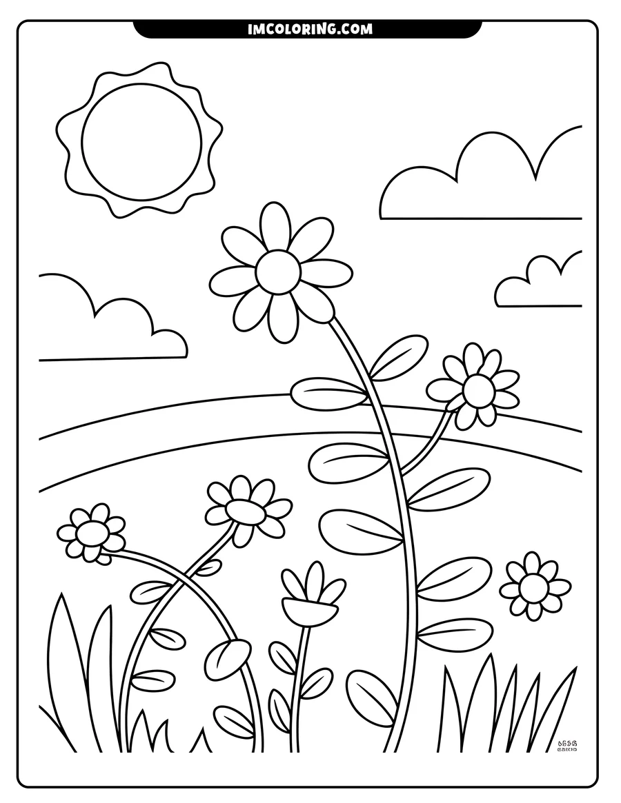 Line art of several flowers growing in a field, with grass, clouds, and a sun in the sky.