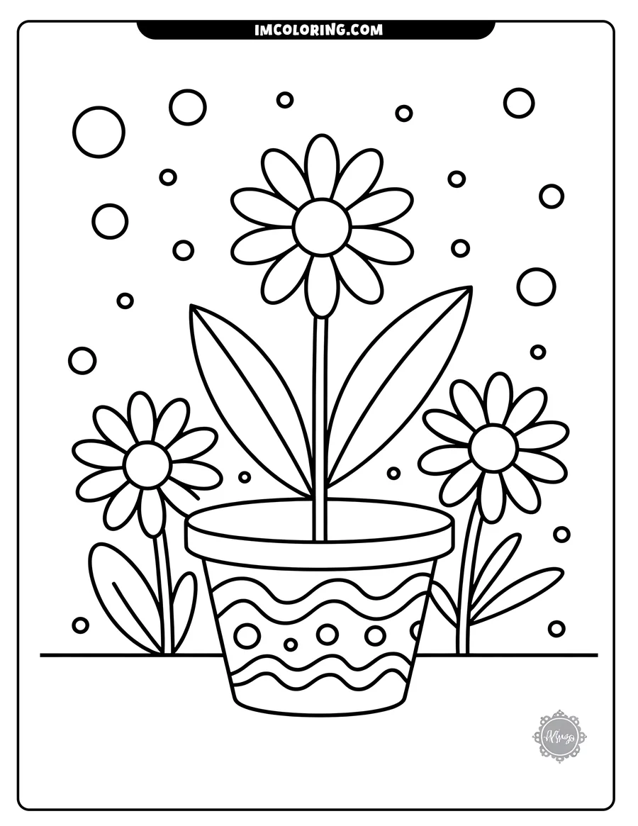 Outline of three flowers in a patterned pot, ready to be colored.