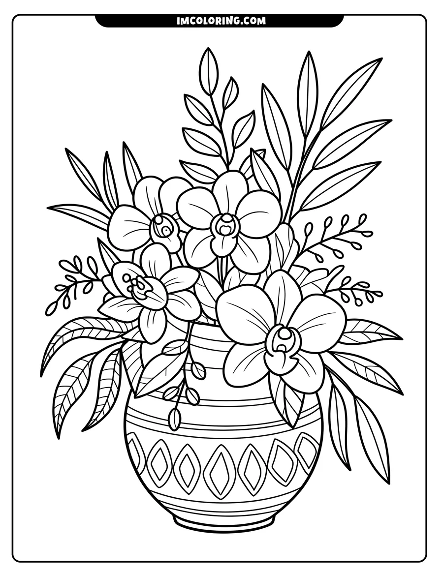 Line art of a bouquet of flowers, including orchids, arranged in a patterned vase.