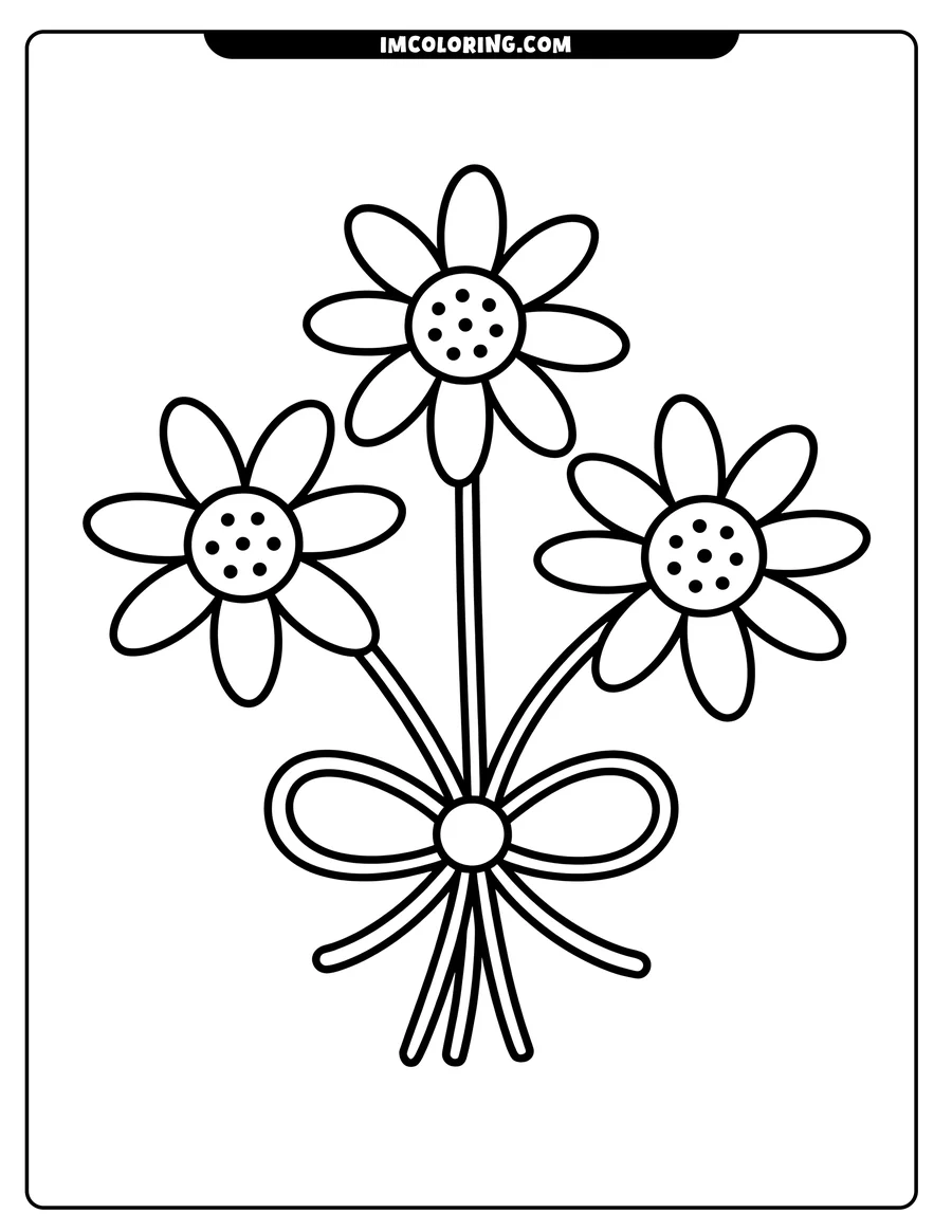 Line art of three simple flowers tied together with a bow. Each flower has rounded petals and dotted centers.