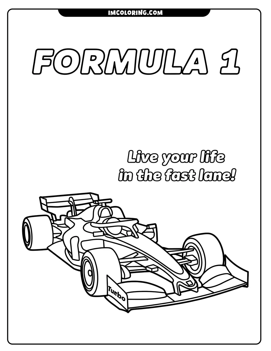 Line art of a Formula 1 race car, ready to be colored. The car has large wheels, a low profile, and a prominent rear wing.