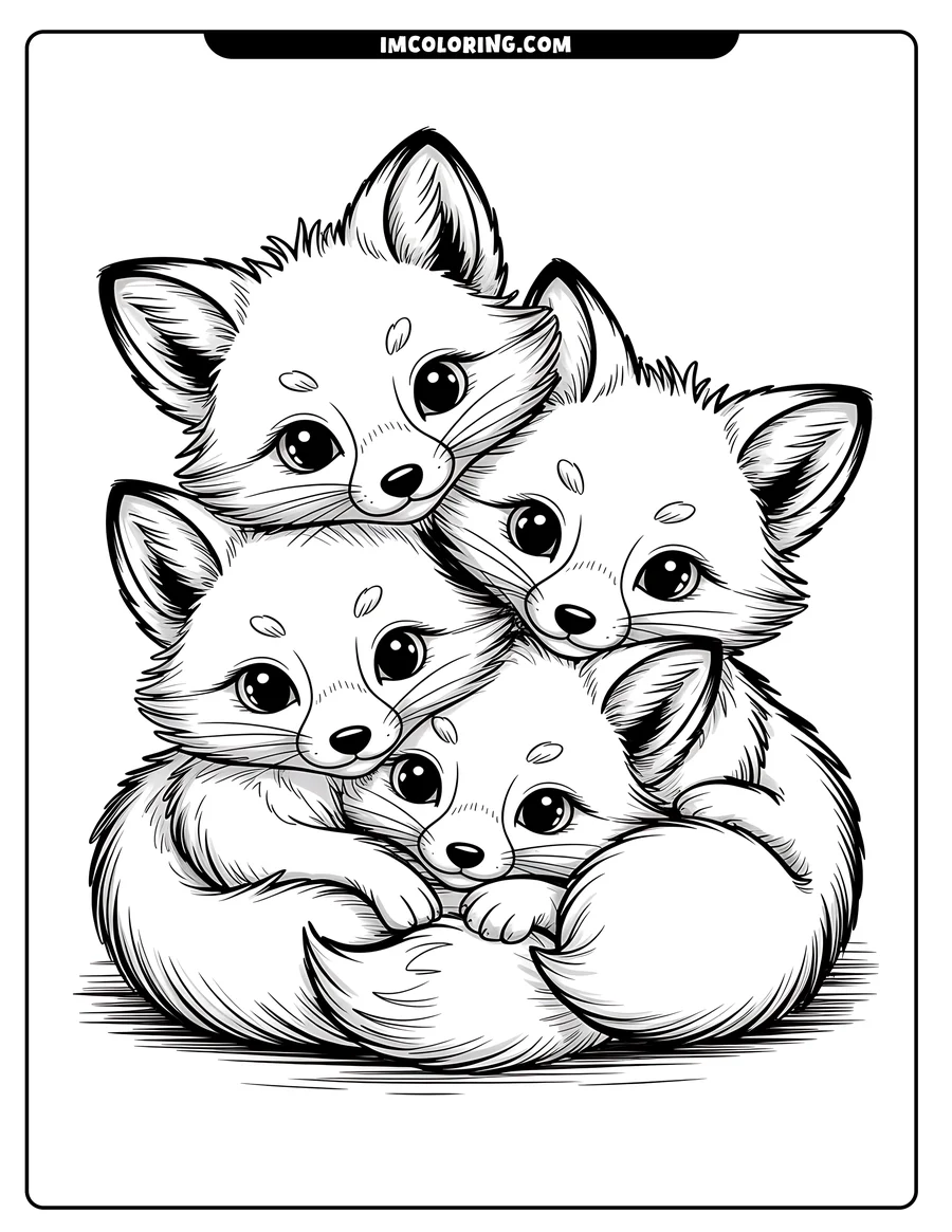 Line art of four foxes cuddling together, their tails intertwined.