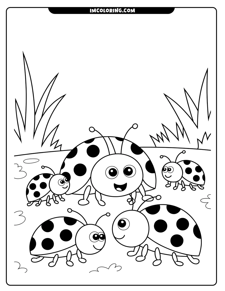 Outline of four ladybugs with big, round bodies and spotted shells. Blades of grass frame the scene.