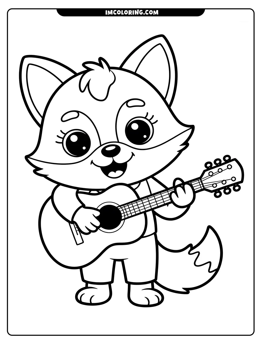 Outline of a cartoon fox holding an acoustic guitar