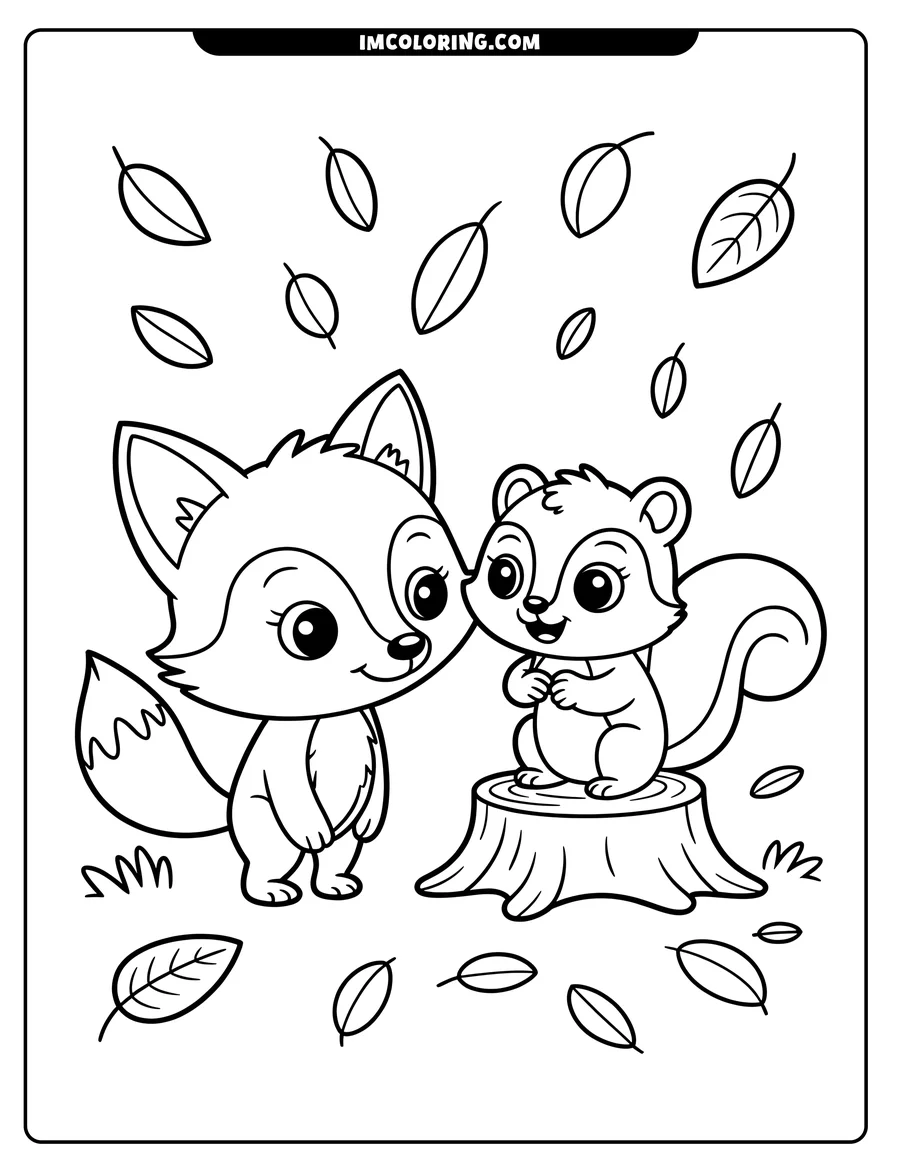 Line art of a fox and a squirrel with falling leaves. The squirrel sits on a tree stump, and both animals have friendly expressions.