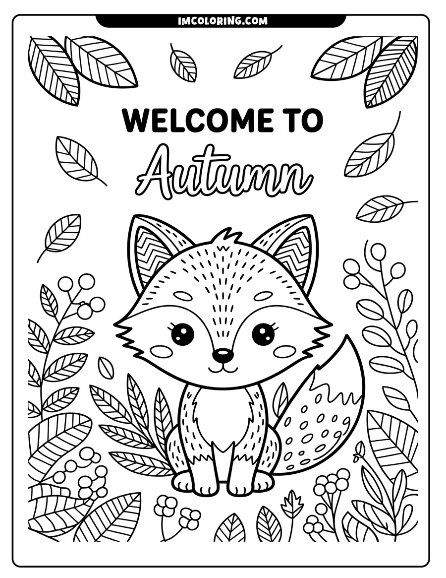 Outline of a cute cartoon fox sitting among autumn leaves and berries. The fox has large eyes and a patterned tail.