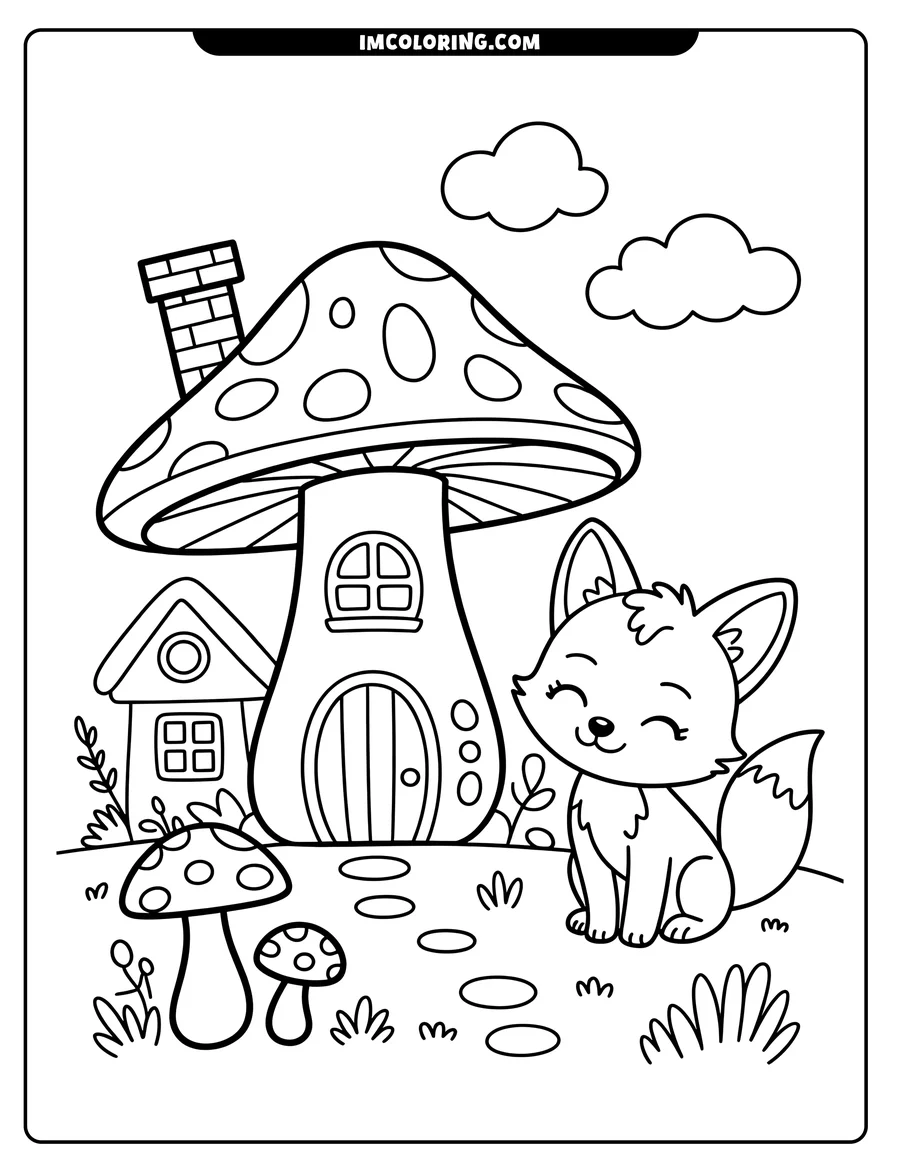 Outline of a cartoon fox sitting near a mushroom house in a whimsical forest setting.