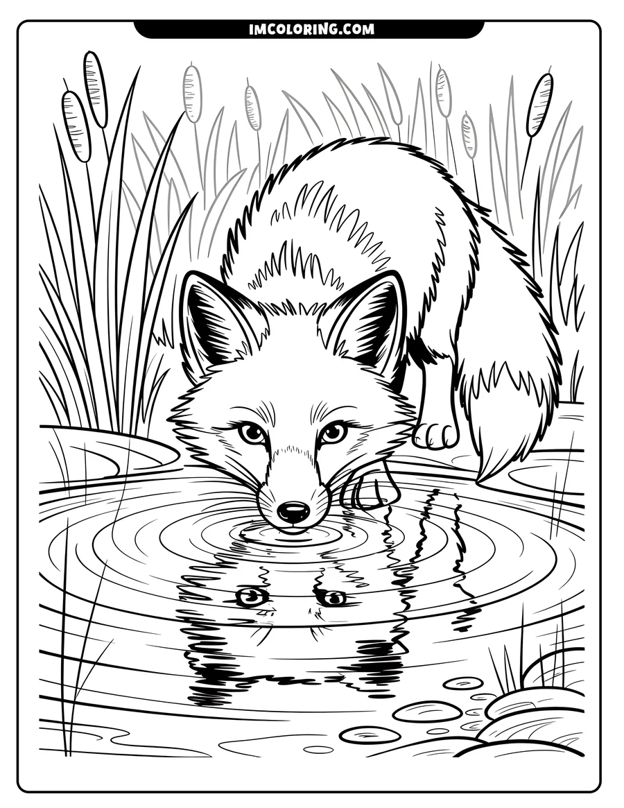Line drawing of a fox by a pond, with its reflection visible in the water. Cattails and other plants surround the pond.