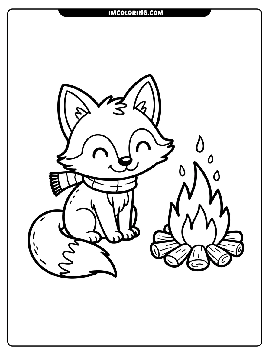 Outline of a cartoon fox sitting near a small campfire. The fox is wearing a striped scarf and has a bushy tail.