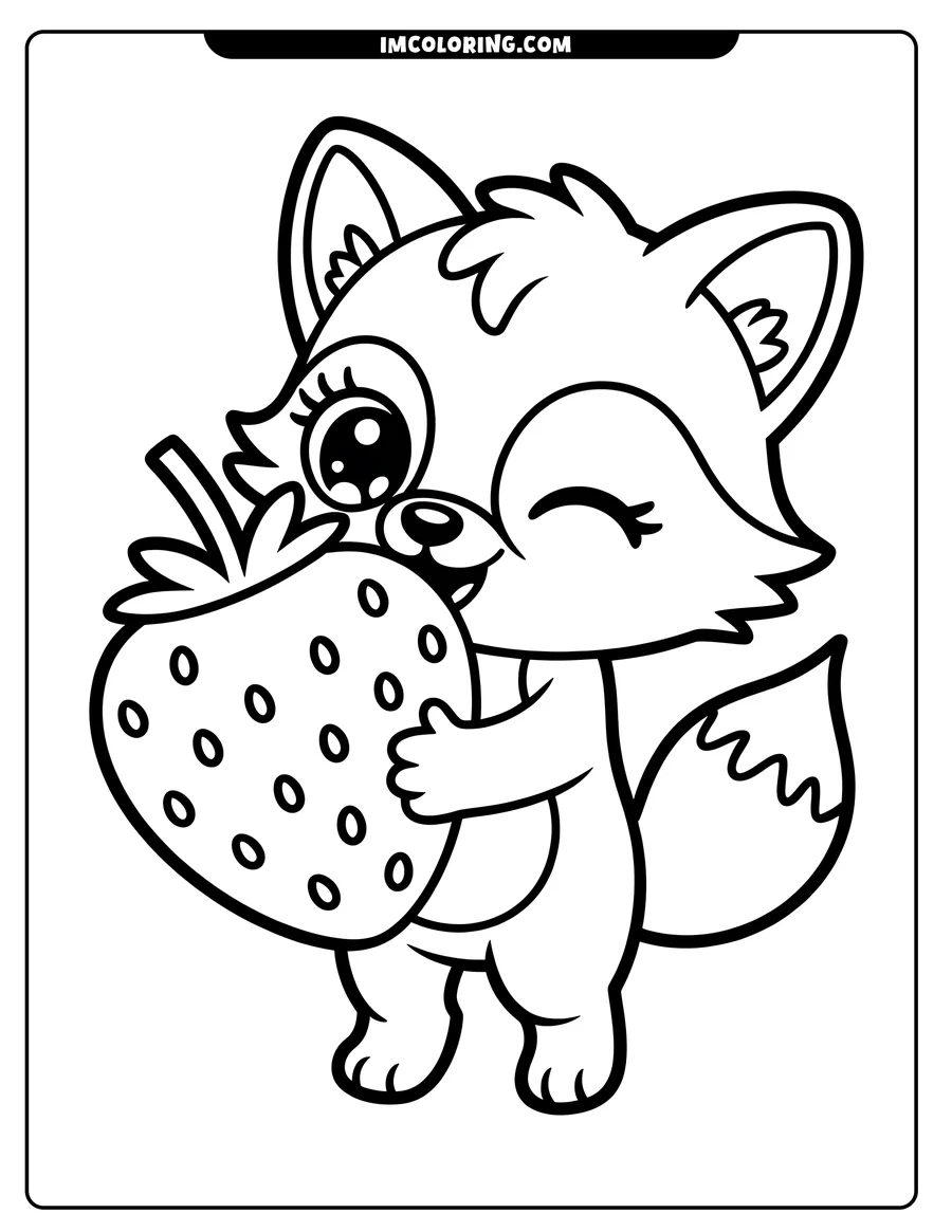 Line art of a cartoon fox holding a large strawberry. The fox has big, expressive eyes and a playful, happy face.