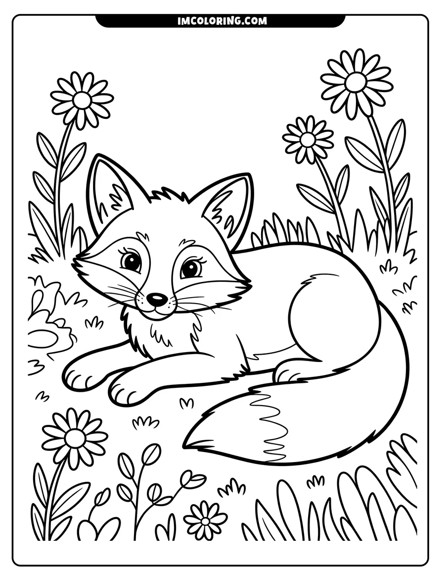 Outline of a cartoon fox resting in a flower patch. It has a bushy tail and friendly eyes.