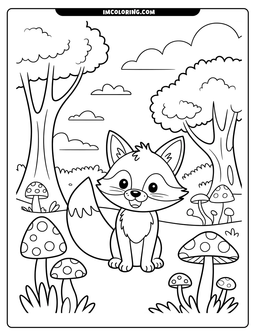 Outline of a friendly cartoon fox sitting in a forest clearing among spotted mushrooms, with trees and clouds in the background.